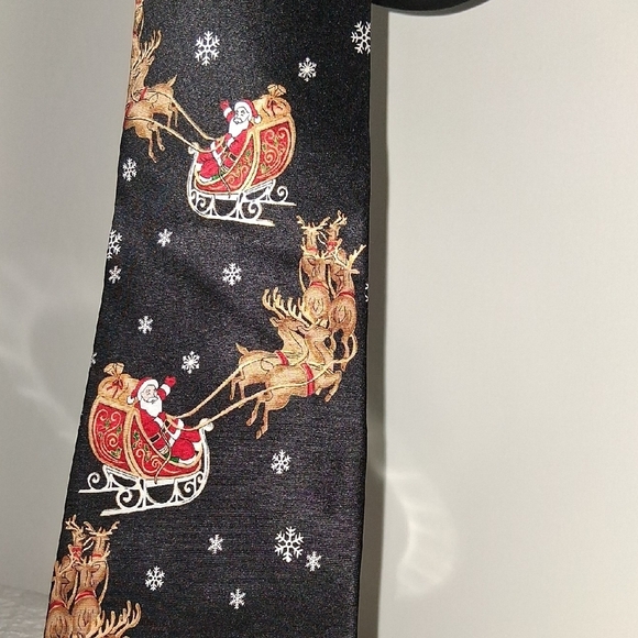 Holiday Traditions Hallmark Festive Black Silk Tie with Santa and Reindeer - Picture 3 of 7